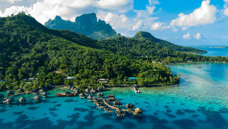 Bora Bora, one of the islands in the Society Islands chain.