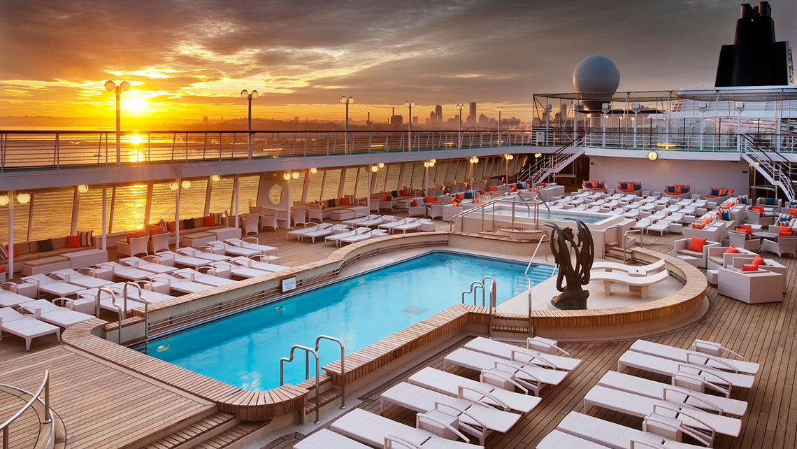 The pool deck on the Crystal Symphony. Crystal Cruises is moving the ship from New York to Miami for winter Caribbean sailings.
