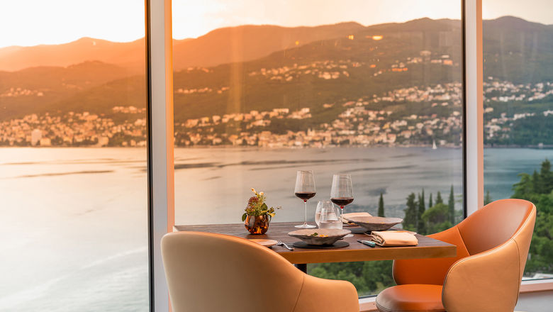 Nebo Restaurant and Lounge at the new Hilton Rijeka Costabella Beach Resort and Spa offers sweeping views of the Adriatic Coast.