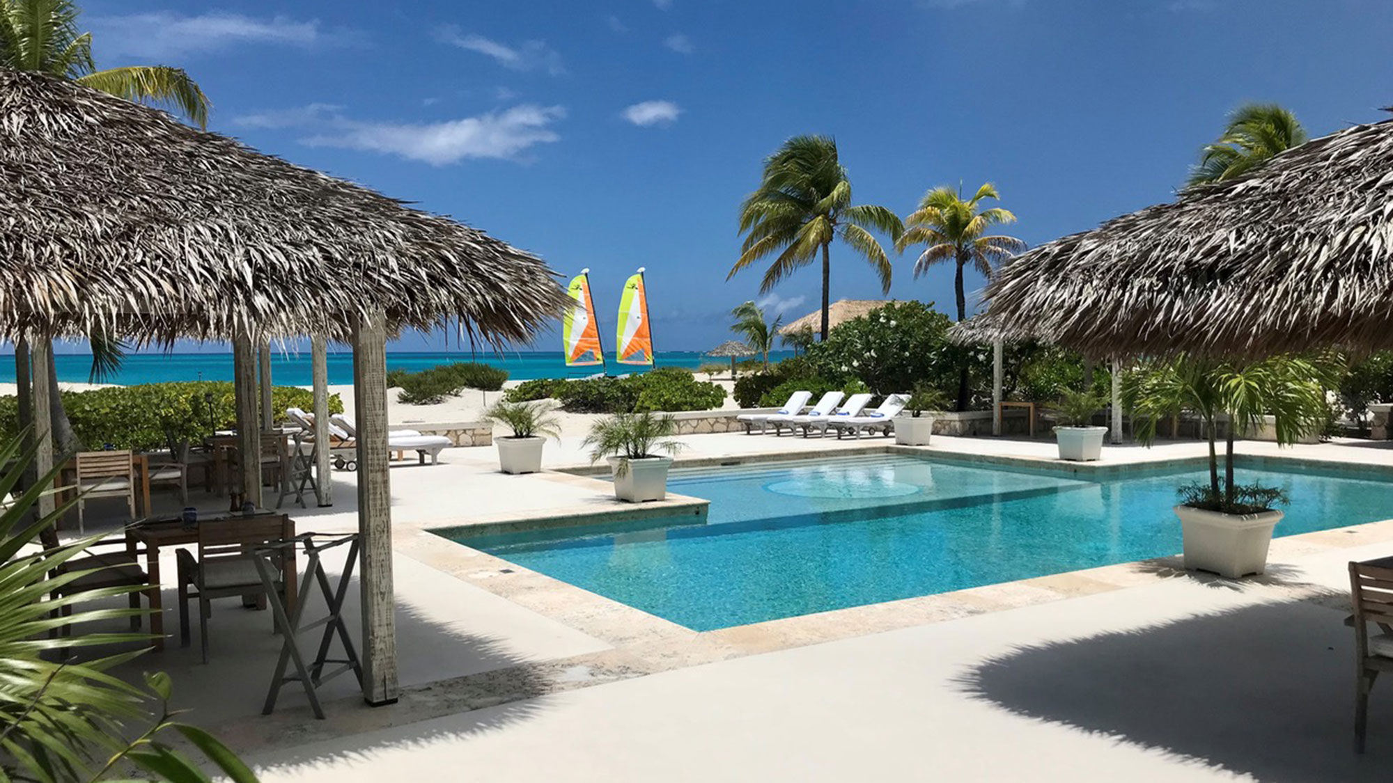 The pool and sundeck area of the Meridian Club on Turks and Caicos.