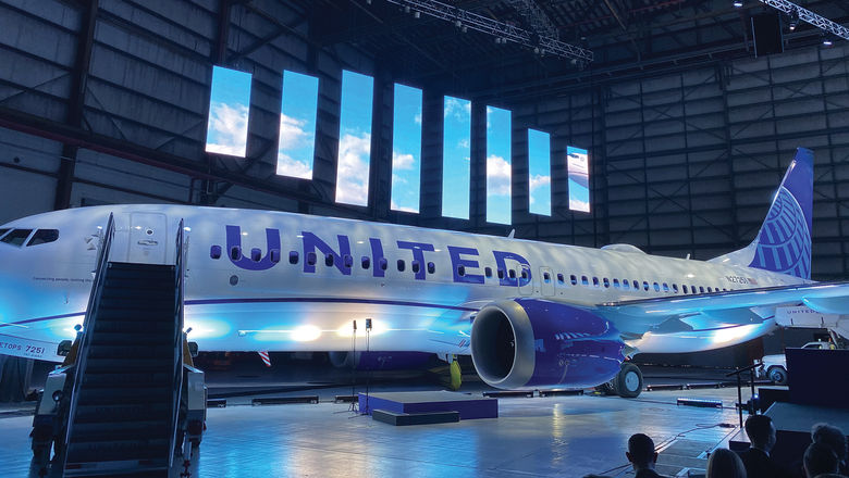 The Boeing 737 Max-8 on display in a Newark Airport hangar on June 29.