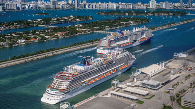 The Carnival Horizon was joined by Carnival's Mardi Gras for a special sailaway moment in the PortMiami channel on departure.