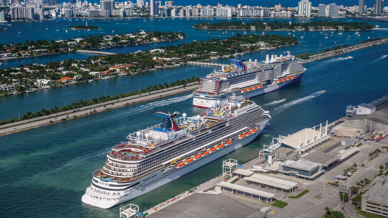 The Carnival Horizon was joined by Carnival's Mardi Gras for a special sailaway moment in the PortMiami channel on departure.