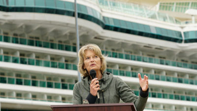 Alaska Sen. Lisa Murkowski speaking in front of Royal Caribbean's Serenade of the Seas in Ketchikan in 2021.