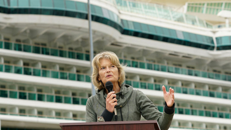 Alaska Sen. Lisa Murkowski speaking in front of Royal Caribbean's Serenade of the Seas in Ketchikan in 2021.