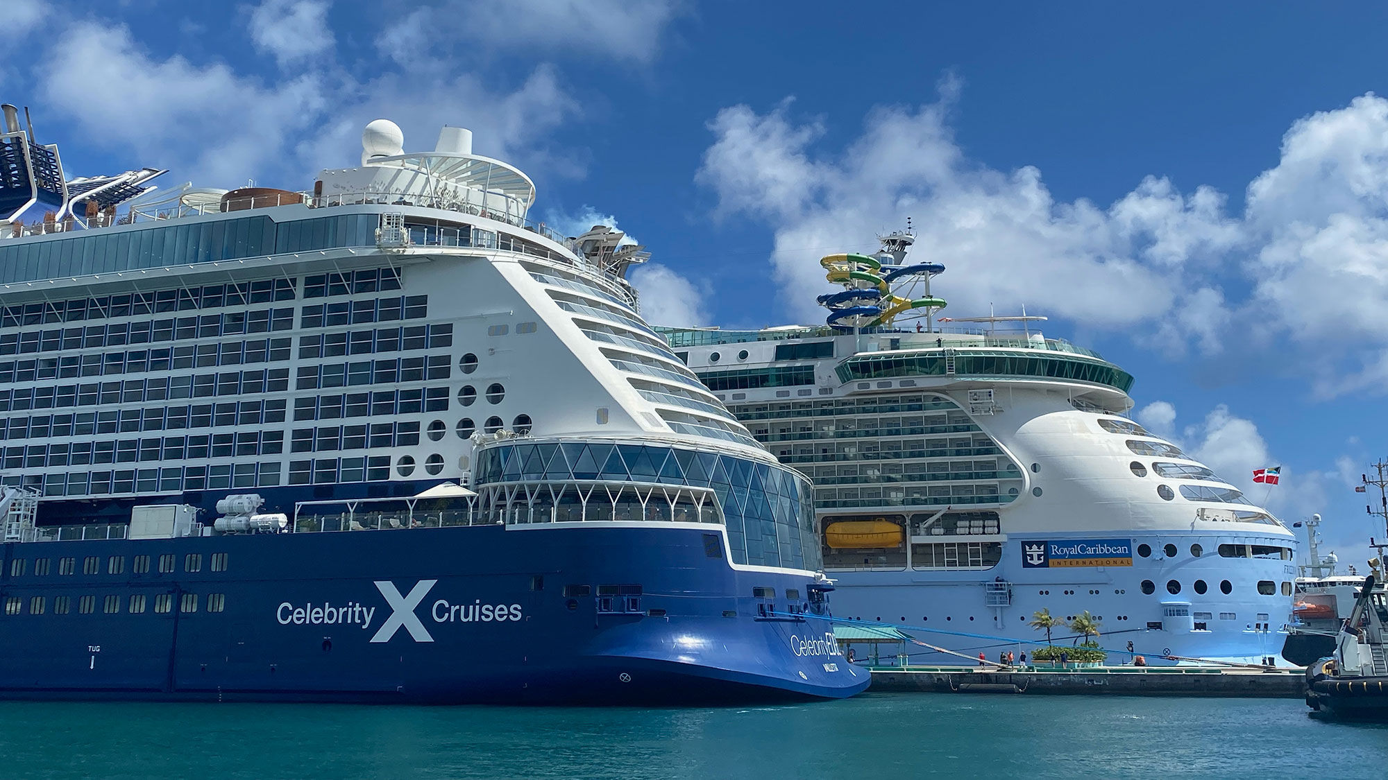 The Celebrity Edge and Royal Caribbean International's Freedom of the Seas docked in Nassau in July.