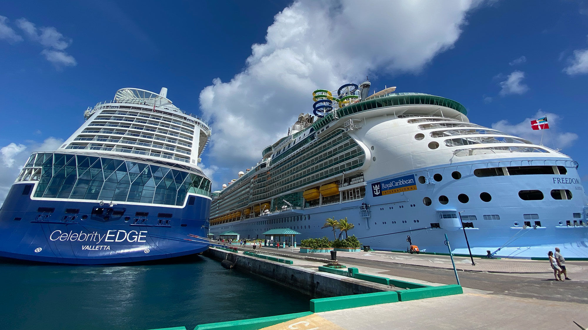 The Celebrity Edge and Royal Caribbean's Freedom of the Seas docked in Nassau on July 18.