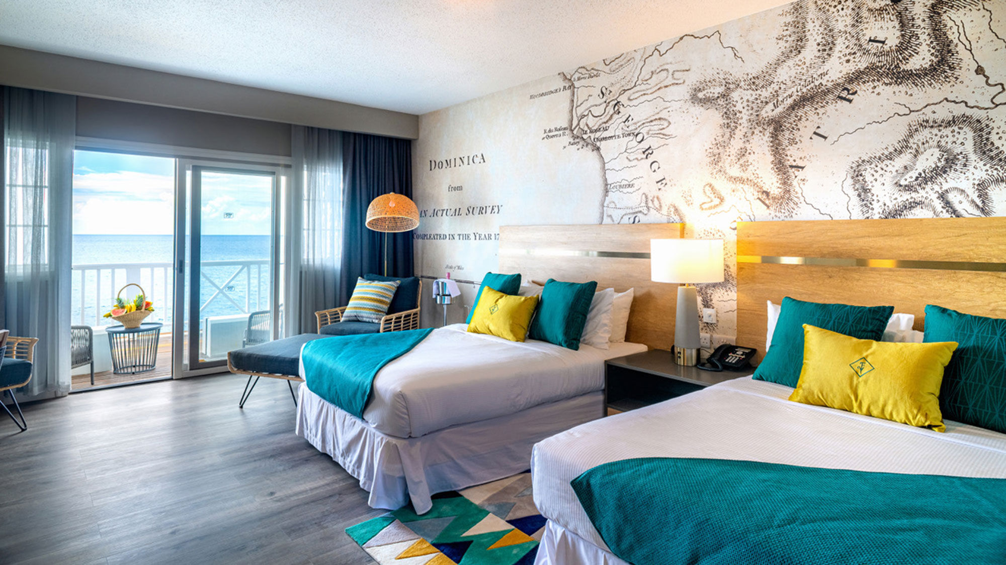 On the wall of each room is a vintage survey map of the island that dates back to 1773.