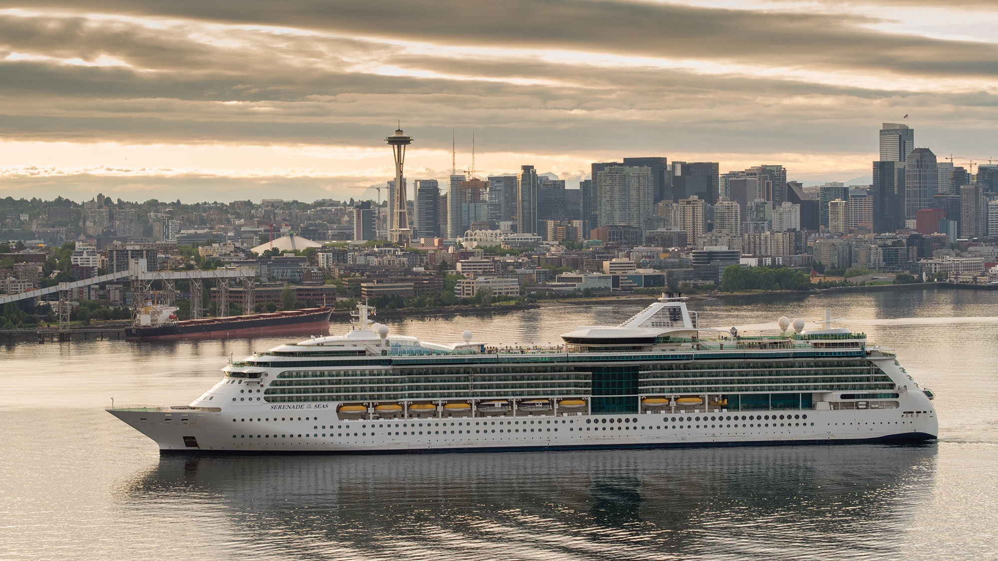 Royal Caribbean's Serenade of the Seas departing Seattle on an Alaska cruise in July.