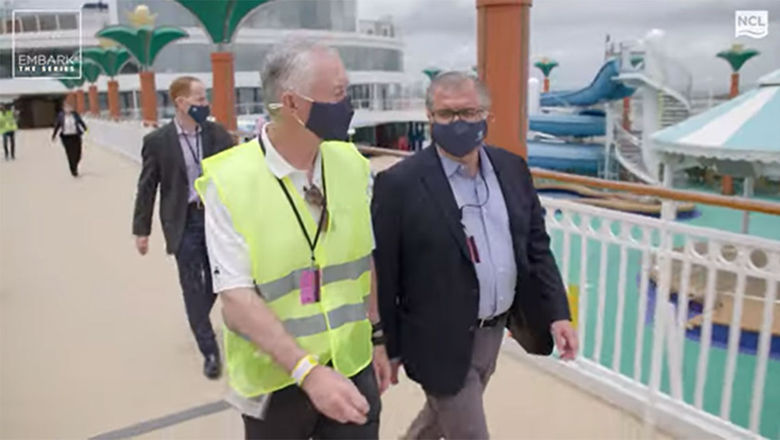 Norwegian Cruise Line Holdings CEO Frank Del Rio (right) in the "All Hands on Deck" episode of the "Embark" series.