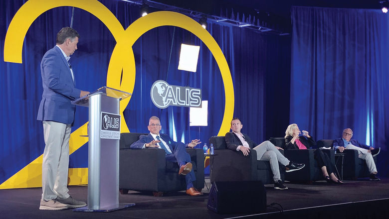 Moderator Chip Rogers, CEO of the American Hotel & Lodging Association, leads a panel discussion at ALIS 2021 with, from left, Radisson Hotel Group CEO Jim Alderman and Remington Hotels CEO Sloan Dean.