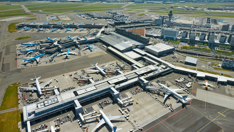 An overhead view of Amsterdam Schiphol Airport.