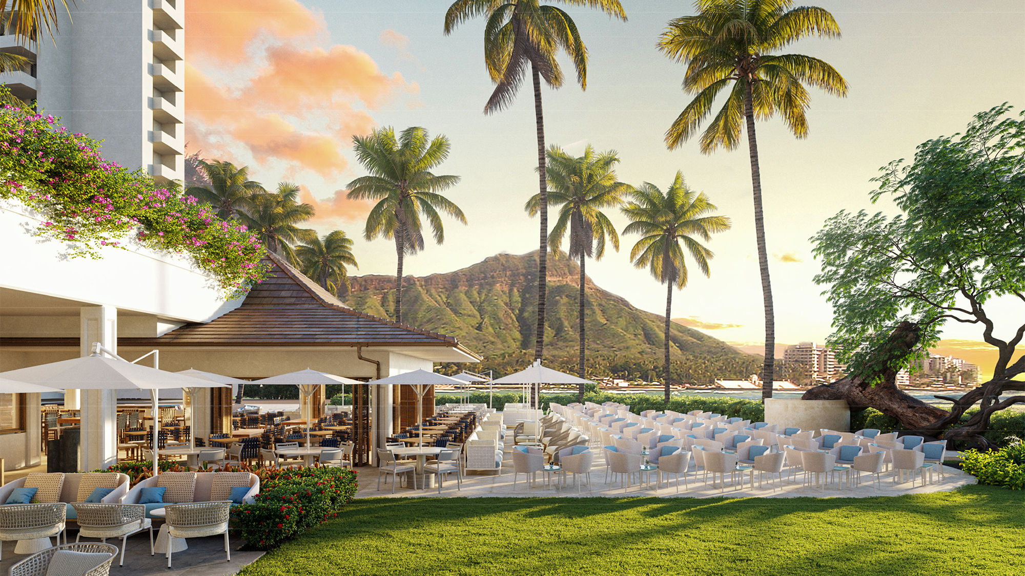 The upcoming changes to Halekulani restaurant and entertainment venue House Without a Key, including a new outdoor bar, are depicted in a rendering.