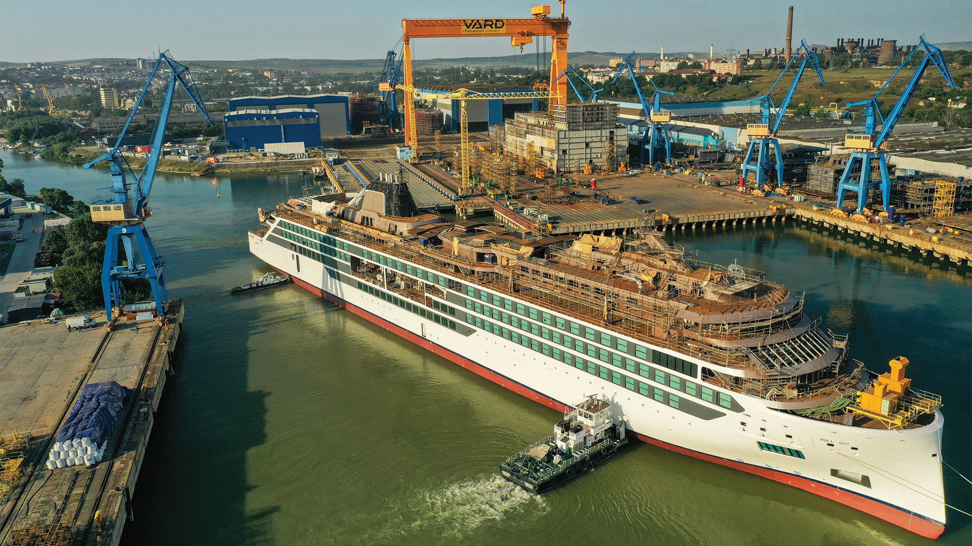 The Viking Polaris being floated out at the Vard shipyard in Alesund, Norway.