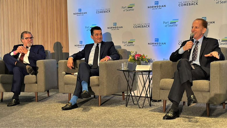 Norwegian Cruise Line Holdings CEO Frank Del Rio (left) and former FDA commissioner Scott Gottlieb (center) listen as Norwegian Cruise Line CEO Harry Sommer describes improvements made to the NCL fleet during the pandemic.