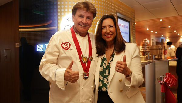 Master chef Rudi Sodamin and Carnival Cruise Line president Christine Duffy at the ribbon-cutting for Rudi's Seagrill on the Mardi Gras. Master chef Rudi Sodamin and Carnival Cruise Line president Christine Duffy at the ribbon-cutting for Rudi's Seagrill on the Mardi Gras.