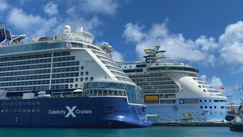 The Celebrity Edge and Royal Caribbean's Freedom of the Seas in port in Nassau, Bahamas.