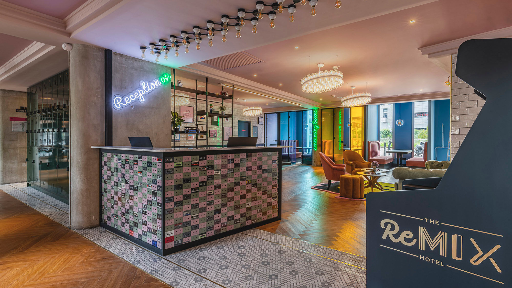 The lobby and reception area at the ReMIX Hotel in Paris.