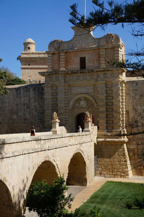 The main gate of the fortified city of Mdina, Malta's oldest city, on a walking tour excursion.