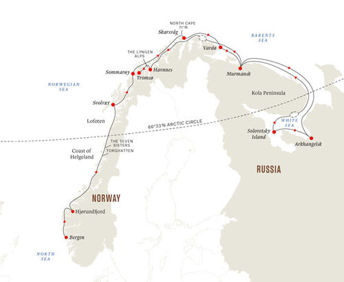 A map of the 17-day Expedition Cruise to the White Sea - Norway and Russia Adventure itinerary. A map of the 17-day Expedition Cruise to the White Sea - Norway and Russia Adventure itinerary.