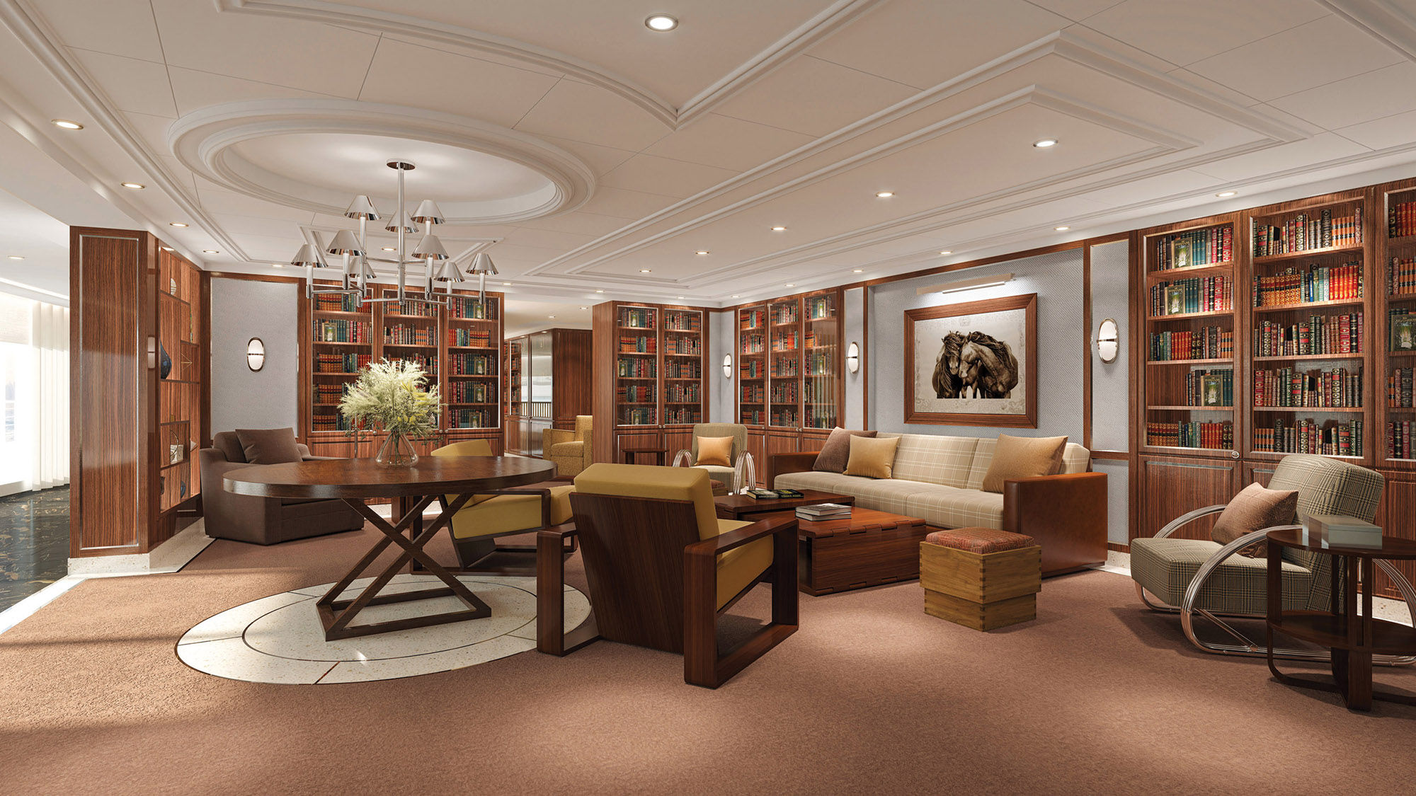A rendering of the library on Oceania's Vista, which will be styled in Ralph Lauren furnishings and artwork.