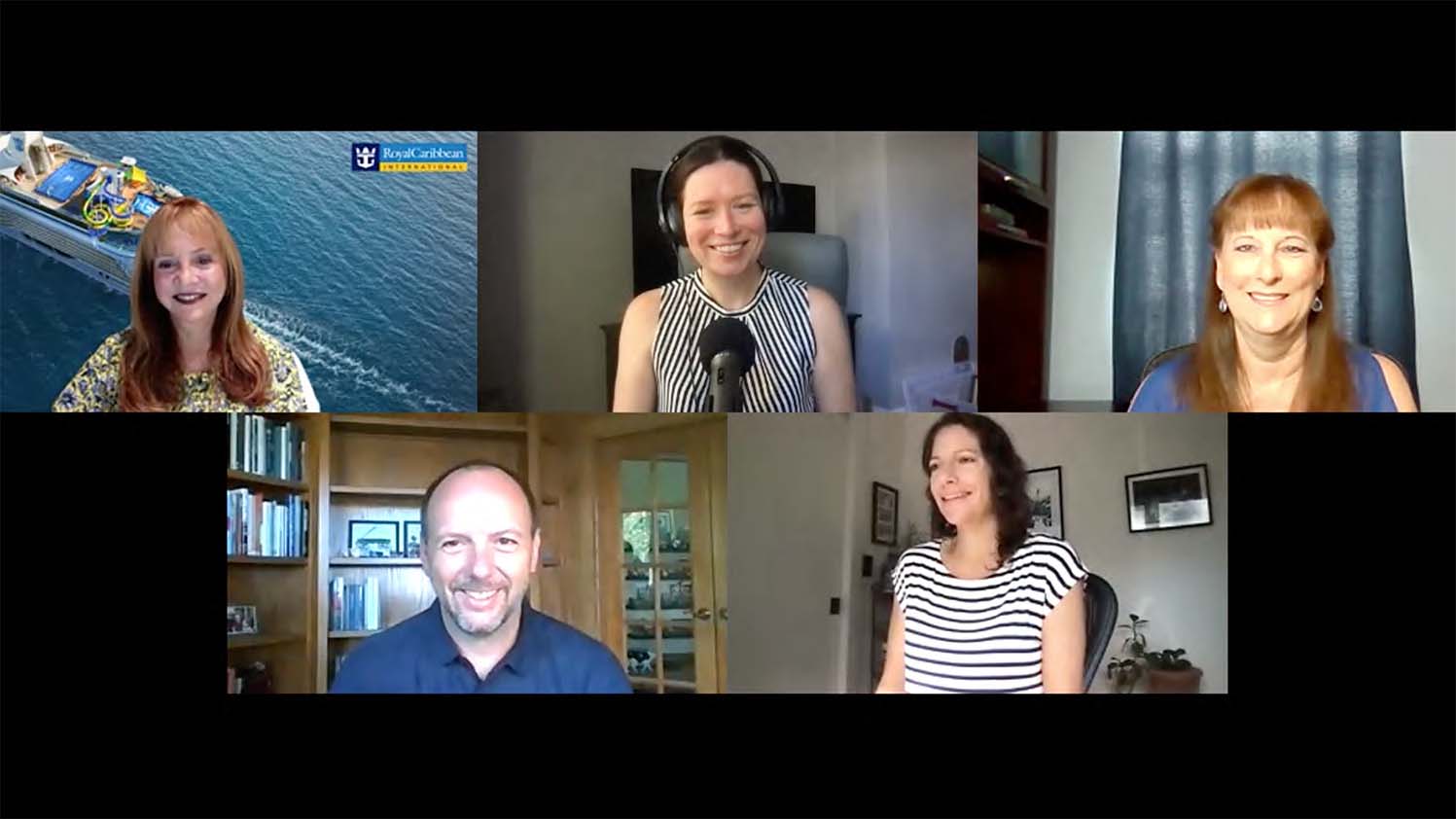 Clockwise from top left: VIcki Freed of Royal Caribbean, Rebecca Tobin of Travel Weekly, Penny Rushing of Four Points Travel, Johanna Jainchill of Travel Weekly and Gene Sloan of The Points Guy talking about the current cruise experience during this episode of the Folo by Travel Weekly podcast.