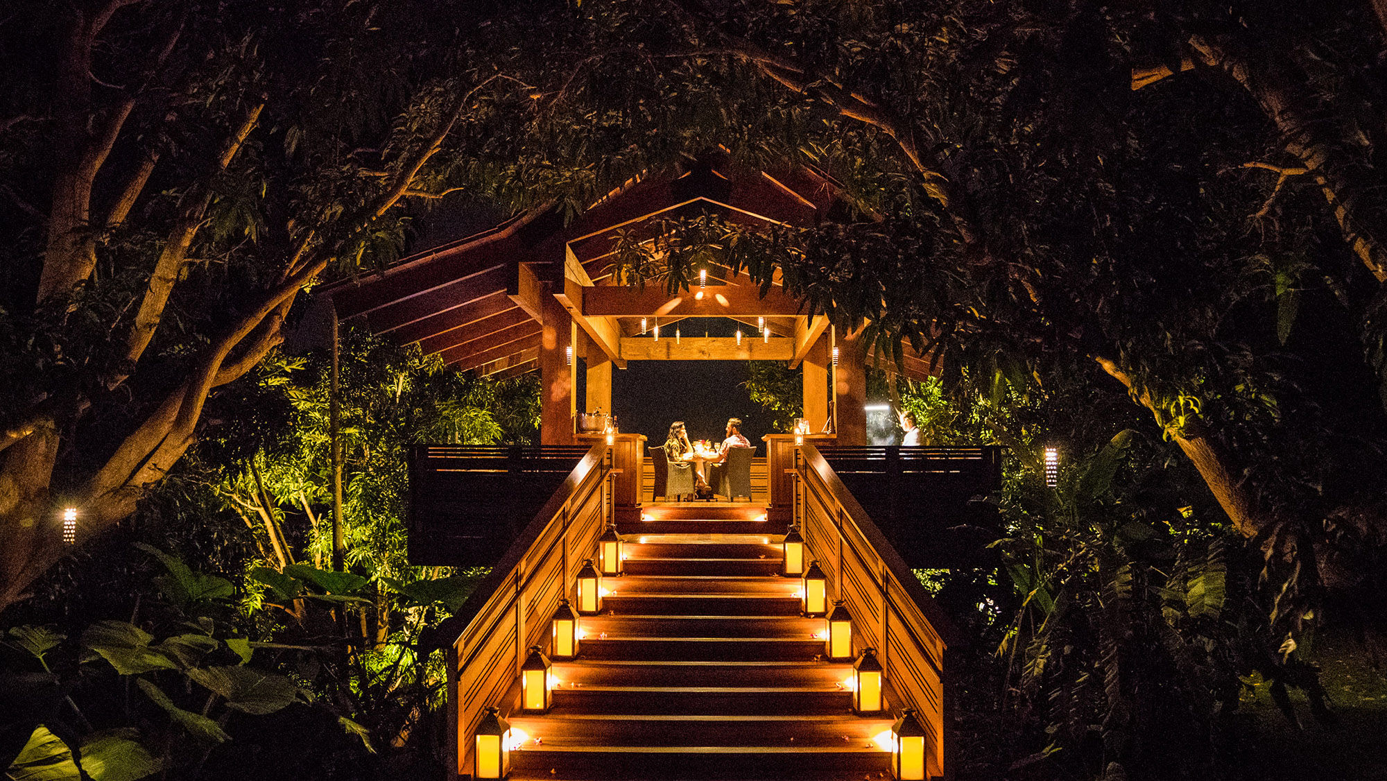 The Treehouse is a private dining venue at the Hotel Wailea tucked into a canopy of mango trees where a dedicated chef prepares a seven-course meal with wine pairings.