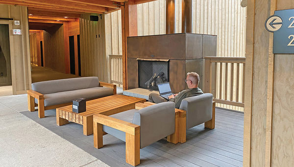 One of the resort's alfresco "lobbies" features a fireplace. One of the resort's alfresco "lobbies" features a fireplace.