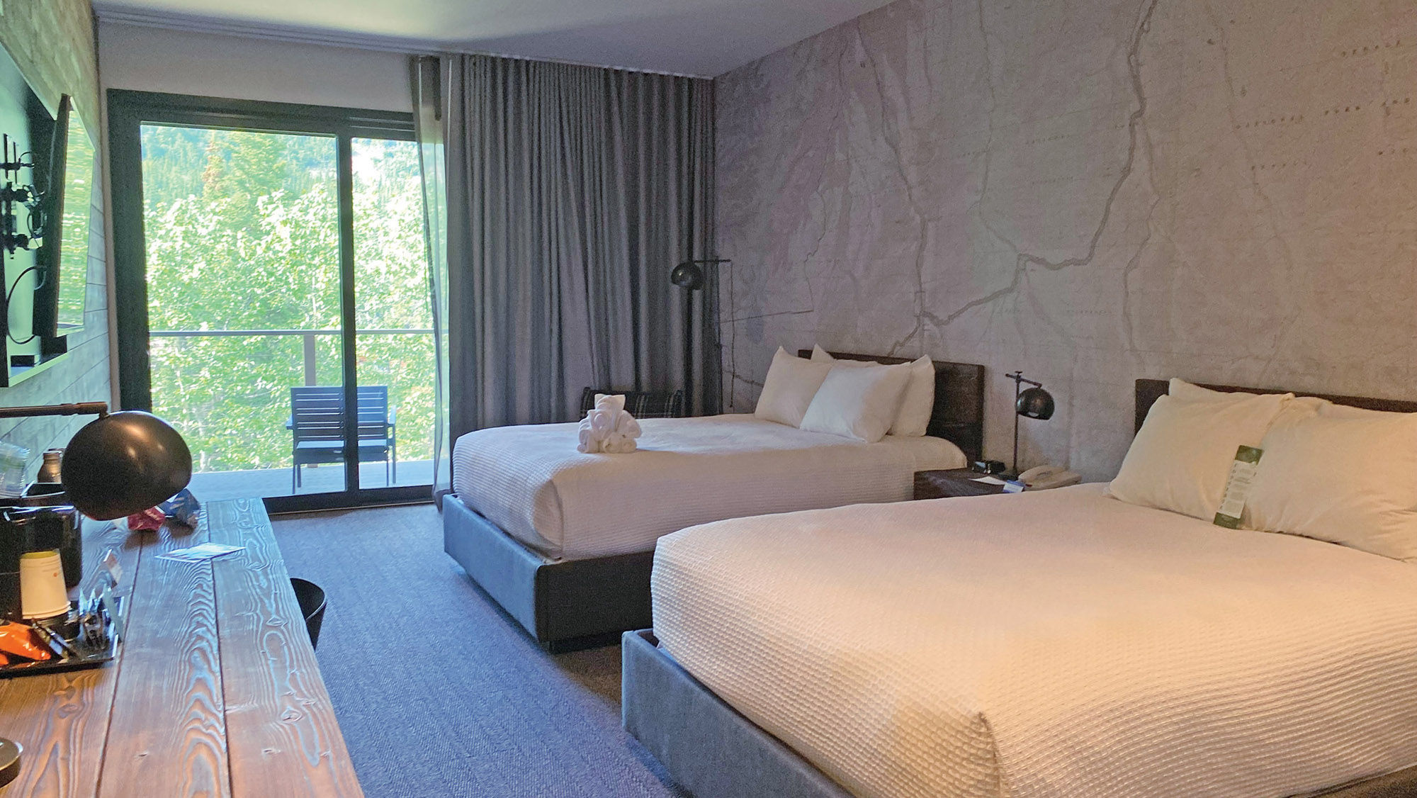 A Ridge View guestroom, all of which have large balconies with views of Mount Healy and Denali National Park.