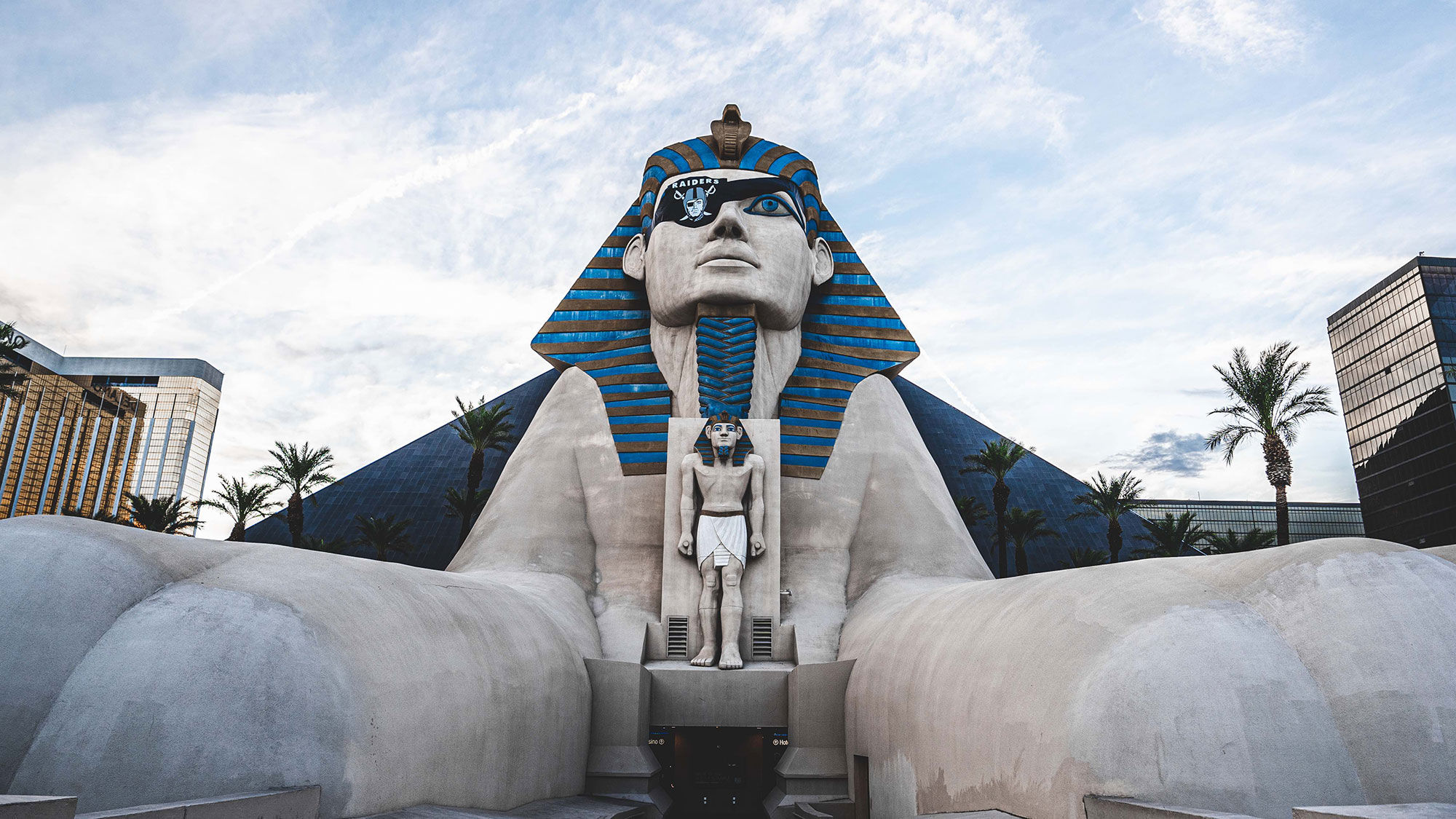 The 110-foot-tall sphinx at Luxor Las Vegas dons a Raiders eyepatch during the NFL season.