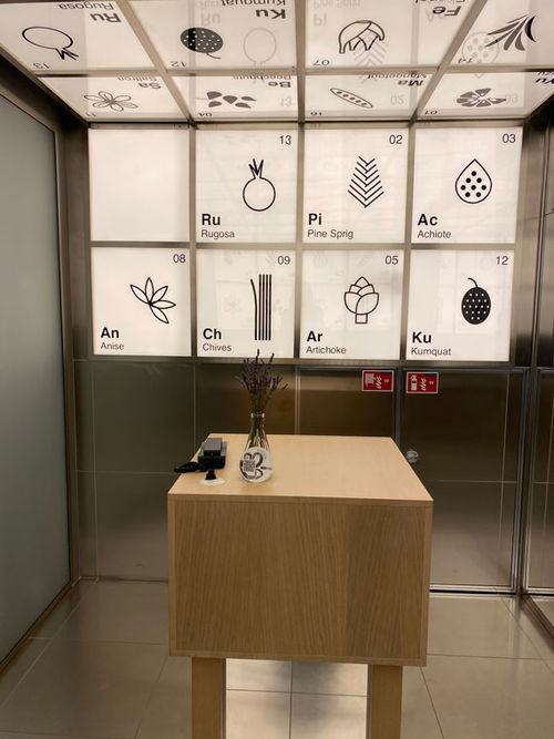 The entryway to the Test Kitchen, whose menu lists ingredients but not how the dish is prepared. The entryway to the Test Kitchen, whose menu lists ingredients but not how the dish is prepared.