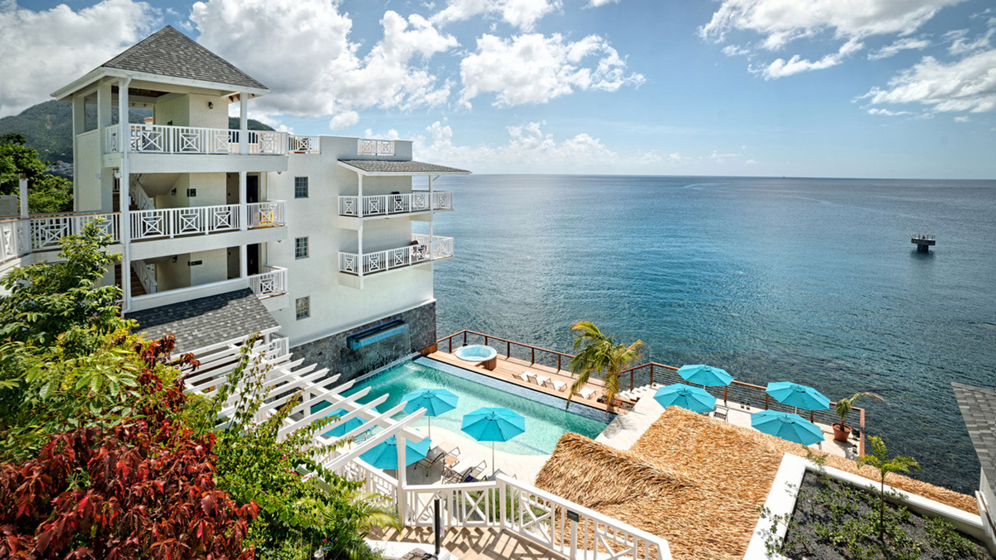 Aerial view of Fort Young Hotel & Dive Resort in Dominica.