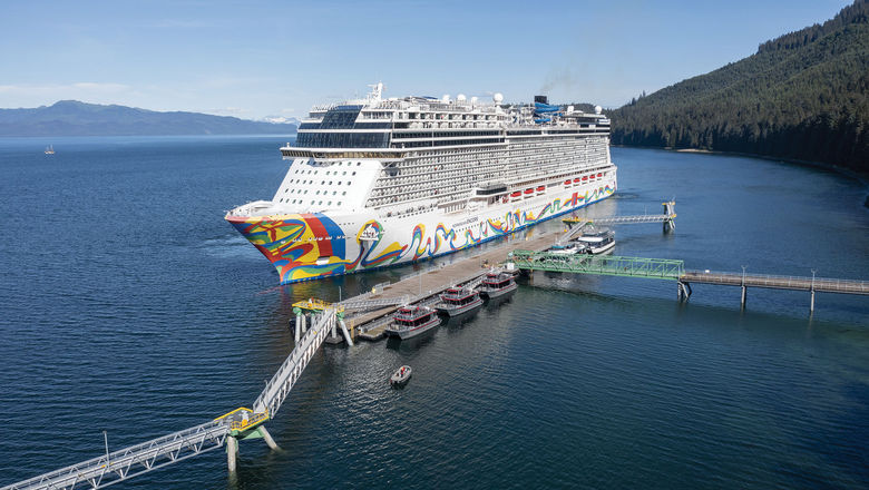 The Norwegian Encore docked at Icy Strait Point in Alaska.
