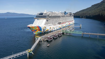 The Norwegian Encore at Icy Strait Point's Wilderness Landing. Icy Strait Point is owned by the Huna Totem Corp.