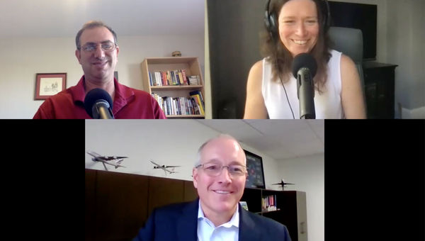 Clockwise from top: Robert Silk and Rebecca Tobin of Travel Weekly and Steve Sear of Delta Air Lines talk airline news on the Folo by Travel Weekly podcast.