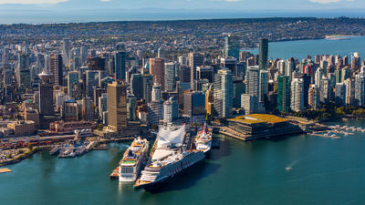 An aerial shot of the port in Vancouver, B.C. Ensemble's Hotel Cruise Amenity Program includes private transfers to the port.