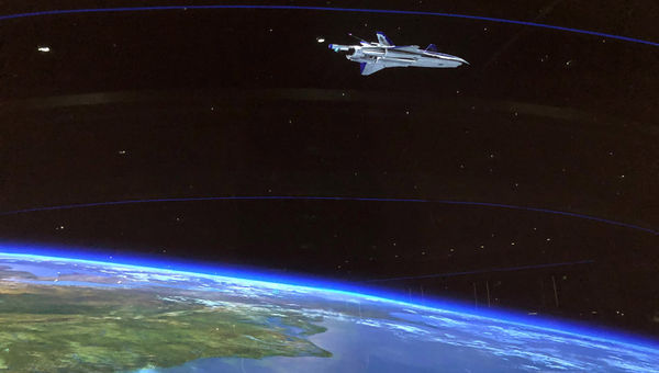 As meals are served, projections of space vehicles slowly move across the windows of the Space 220 restaurant. As meals are served, projections of space vehicles slowly move across the windows of the Space 220 restaurant.