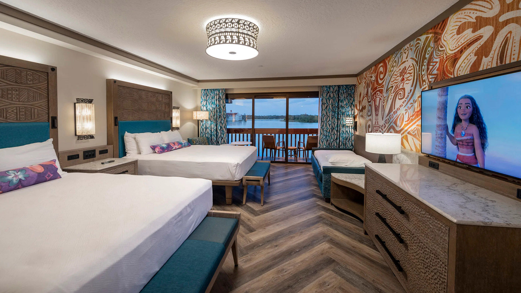 An updated guestroom at Disney’s Polynesian Village Resort. The Hey, Disney! voice assistant is set to roll out at Walt Disney World Resort hotels next year.