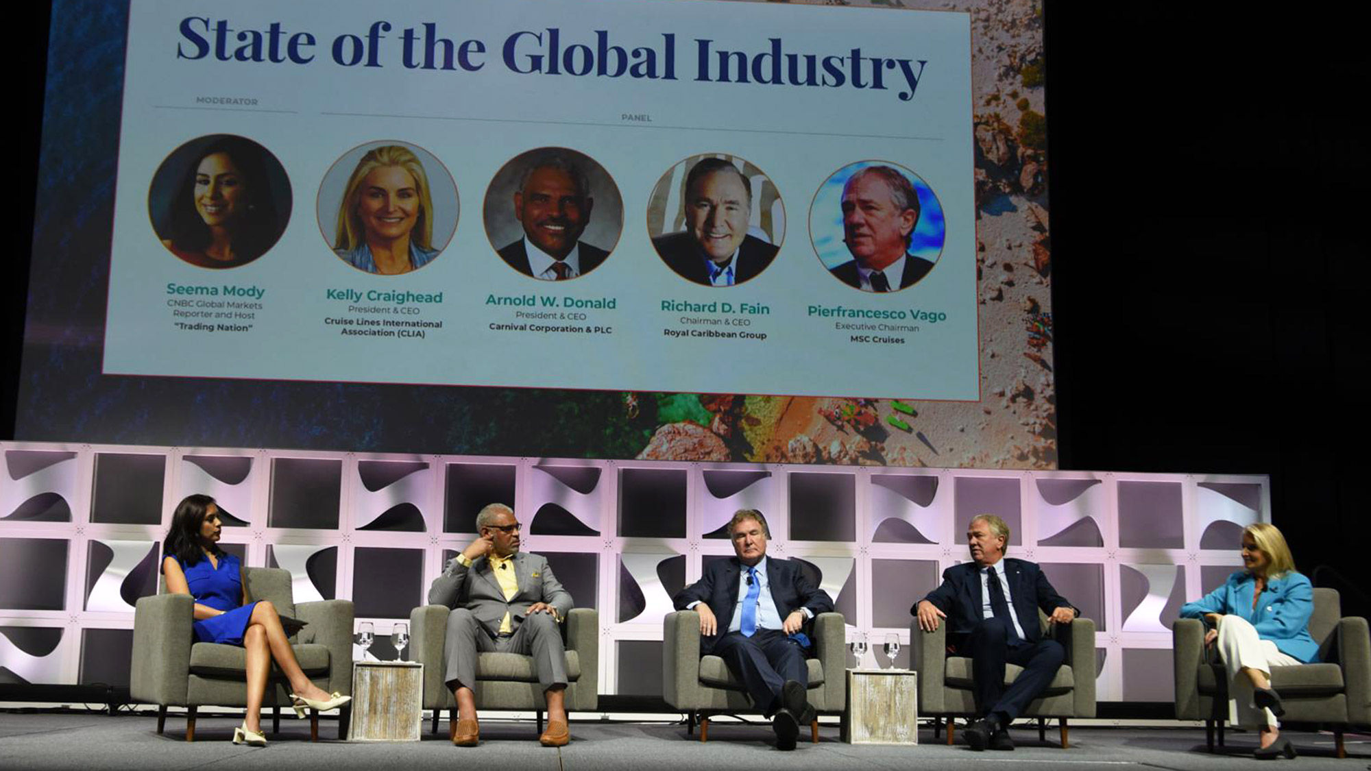 Seatrade’s 2021 State of the Global Industry panel. From left, CNBC global markets reporter Seema Mody, moderator; Carnival Corp. CEO Arnold Donald; Royal Caribbean Group CEO Richard Fain; MSC Cruises executive chairman Pierfrancesco Vago; and CLIA CEO Kelly Craighead.