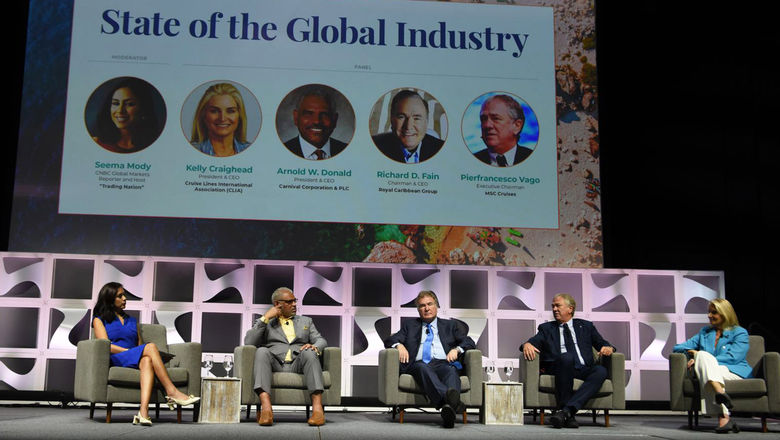 Seatrade’s 2021 State of the Global Industry panel. From left, CNBC global markets reporter Seema Mody, moderator; Carnival Corp. CEO Arnold Donald; Royal Caribbean Group CEO Richard Fain; MSC Cruises executive chairman Pierfrancesco Vago; and CLIA CEO Kelly Craighead.