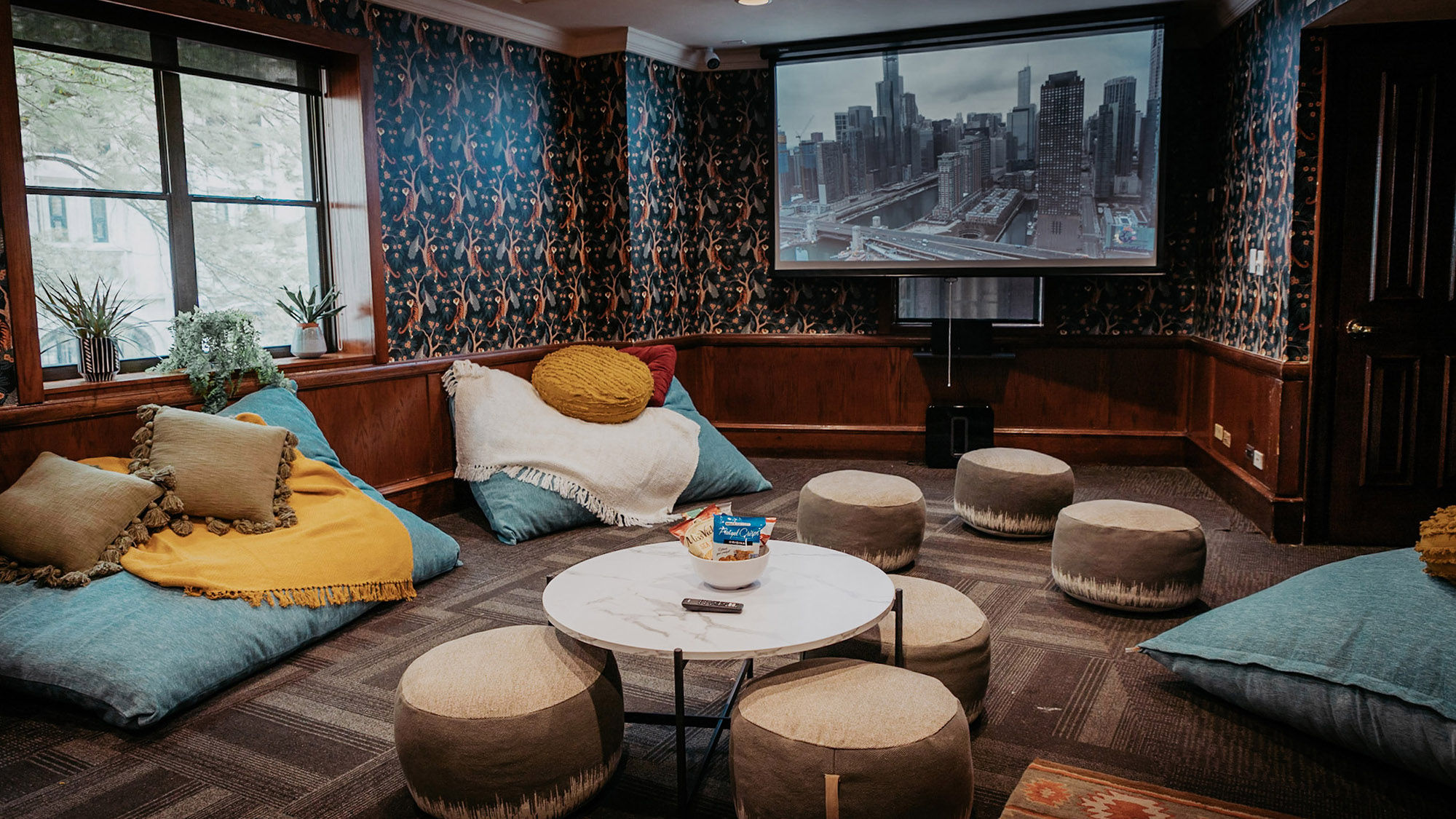 The movie room at the Selina Chicago, one of a number of public spaces in the hotel, which opened on Sept. 20.