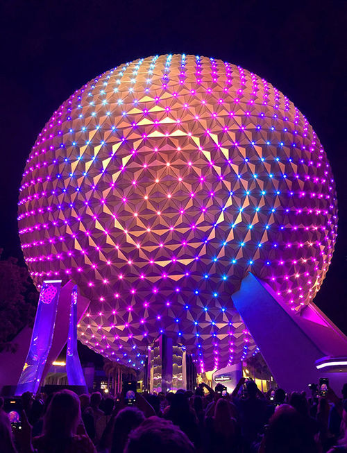 For the 50th anniversary celebration of Walt Disney World, the Spaceship Earth attraction at EPCOT has a new lighting scheme. For the 50th anniversary celebration of Walt Disney World, the Spaceship Earth attraction at EPCOT has a new lighting scheme.