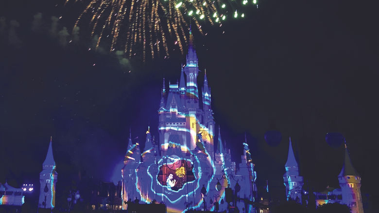 Cinderella's Castle at the Magic Kingdom has been redecorated for Walt Disney World's 50th anniversary, and a new light and fireworks spectacular has been created.