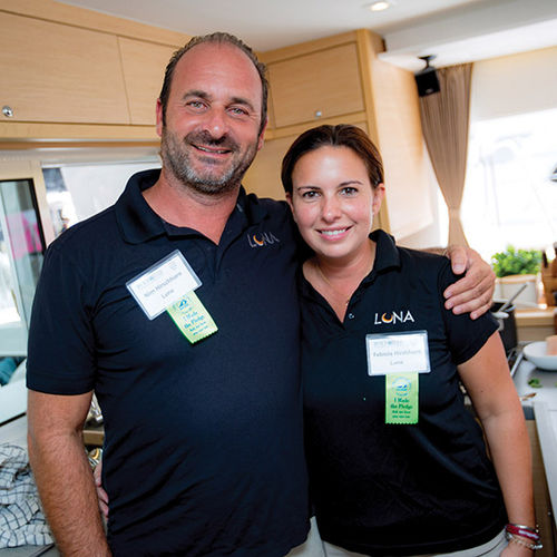 Husband and wife Nim and Fabi Hirschhorn fill the roles of captain, chef and mixologist on Sail Luna's catamaran. Husband and wife Nim and Fabi Hirschhorn fill the roles of captain, chef and mixologist on Sail Luna's catamaran.