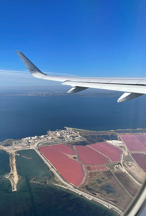 An aerial shot of naturally pink water.