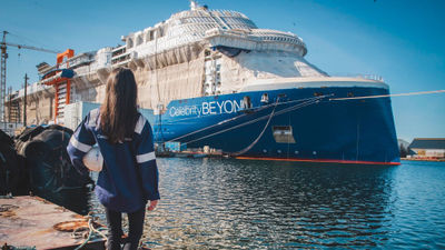 Capt. Kate McCue at the Chantiers de l'Atlantique shipyard in France, where the Celebrity Beyond is under construction.