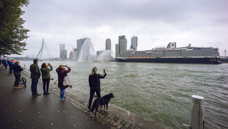 Holland America Line's Rotterdam arrives for the first time in the port of Rotterdam, Netherlands, on the morning of Oct. 14.