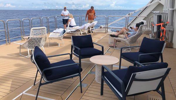 The Marina Platform swings down when the ship is stationary and provides observation and relaxation space close to the water. The Marina Platform swings down when the ship is stationary and provides observation and relaxation space close to the water.