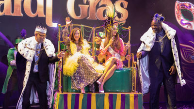Taking part in festivities at the Mardi Gras naming ceremony were (from left) Carnival Corp. CEO Arnold Donald, Carnival president Christine Duffy, Mardi Gras godmother Kimberly Jimenez and spokesman Shaquille O'Neal.