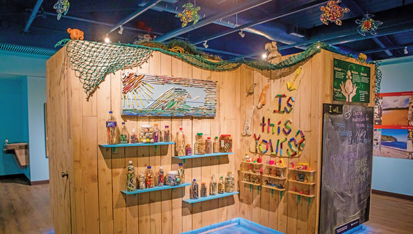The Hawaii Wildlife Discovery Center includes exhibits on ocean pollution and artworks that incorporate marine debris. The Hawaii Wildlife Discovery Center includes exhibits on ocean pollution and artworks that incorporate marine debris.
